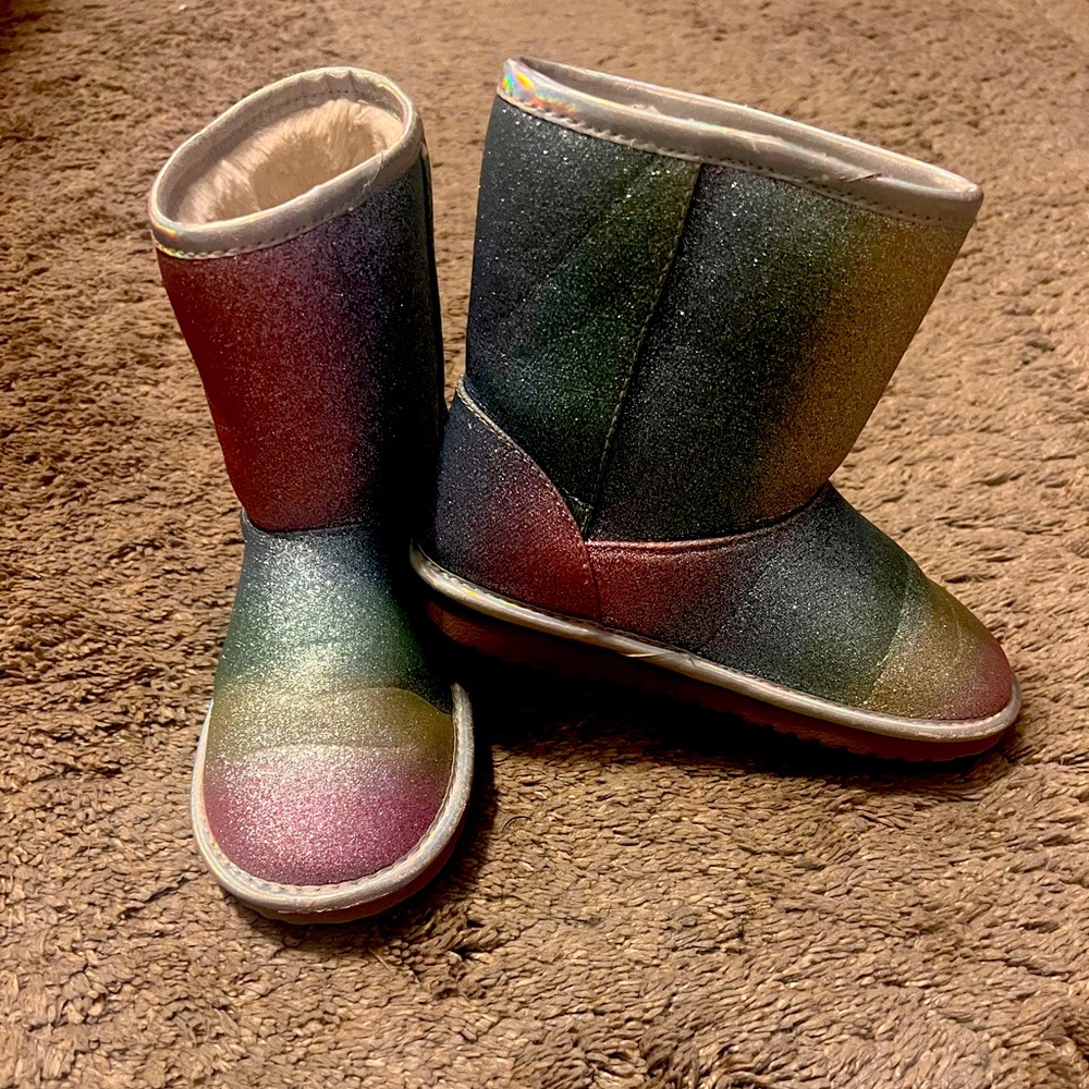 Rainbow glitter boots with faux fur
